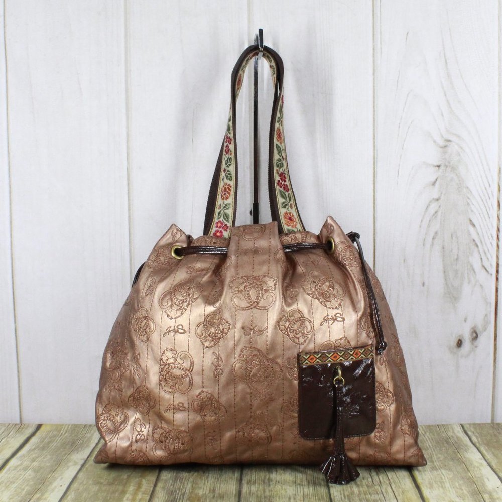 Original by Sharif Gold Vegan Leather Embroidered Drawstring Tote Shoulder Bag - Picture 1 of 13